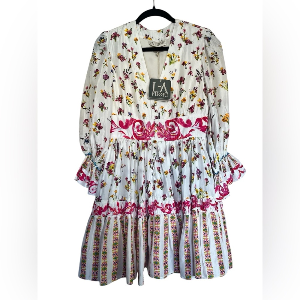 La Fuori White Floral Silk Tiered Midi Dress Small V-Neck Ruffle Sleeve